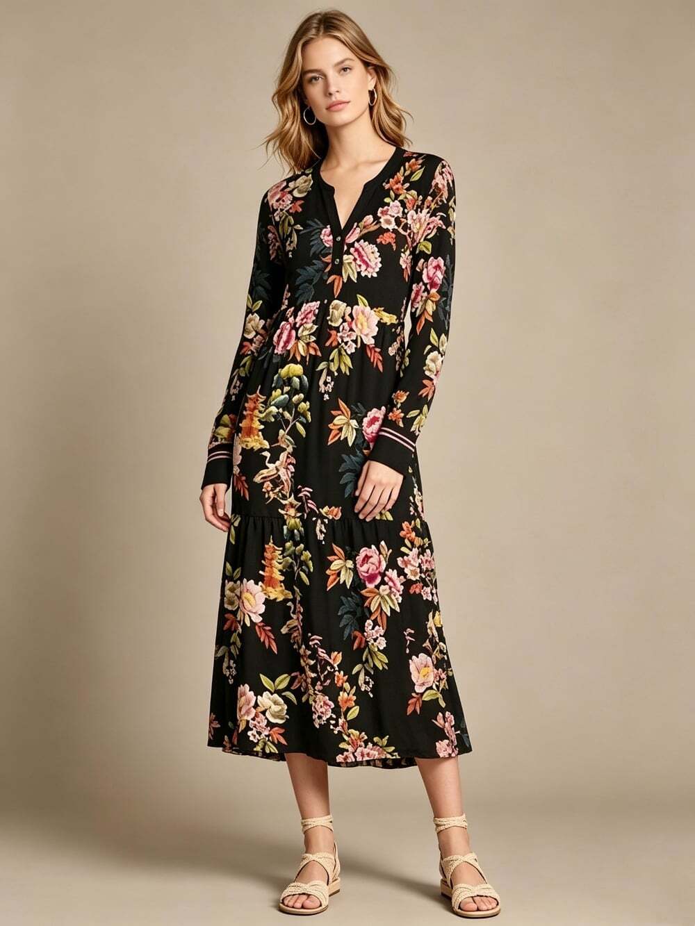 NWOT JOHNNY WAS Floral Long Sleeve V-Neck Midi Dress Size S Multicolor